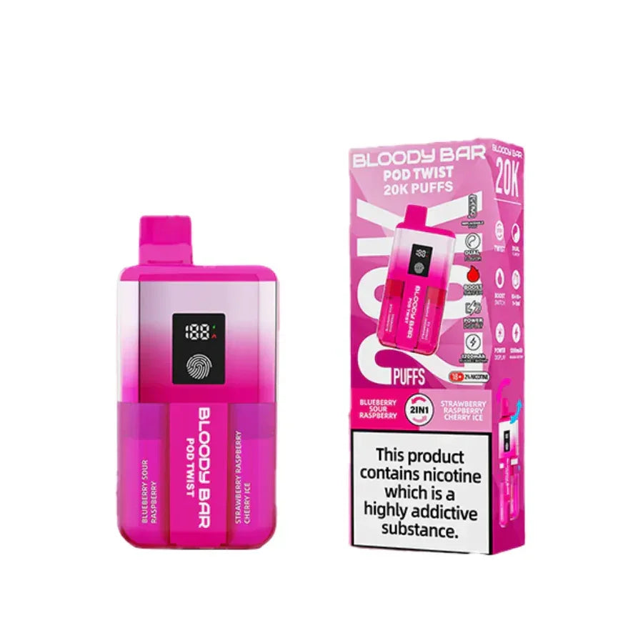 Bloody Bar Pod Twist 20000 Pod Kit Blueberry Sour Rasp And Straw Raspberry Cherry Ice Flavour