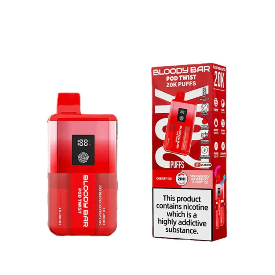 Bloody Bar Pod Twist 20000 Pod Kit Cherry Ice And Strawberry Raspberry Cherry Ice Flavour