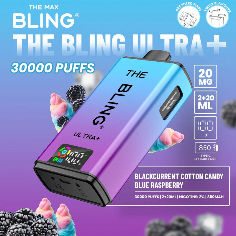 Crystal Bling Ultra Plus 30k Prefilled Kit Blackcurrant Cotton Candy / Blue Raspberry Flavours