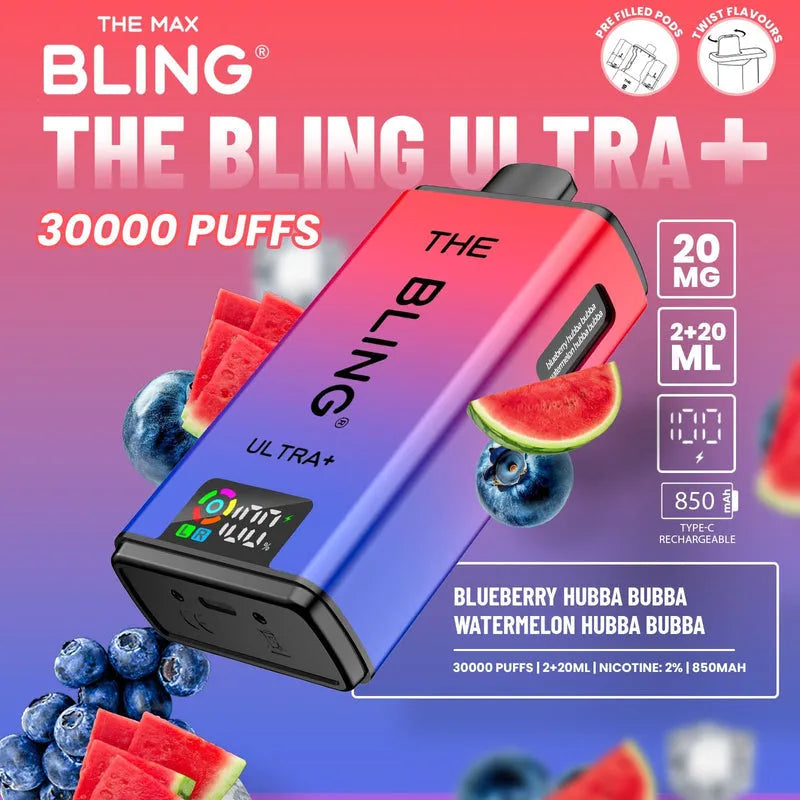 Crystal Bling Ultra Plus 30k Prefilled Kit Blueberry Hubba Bubba / Watermelon Hubba Bubba Flavours