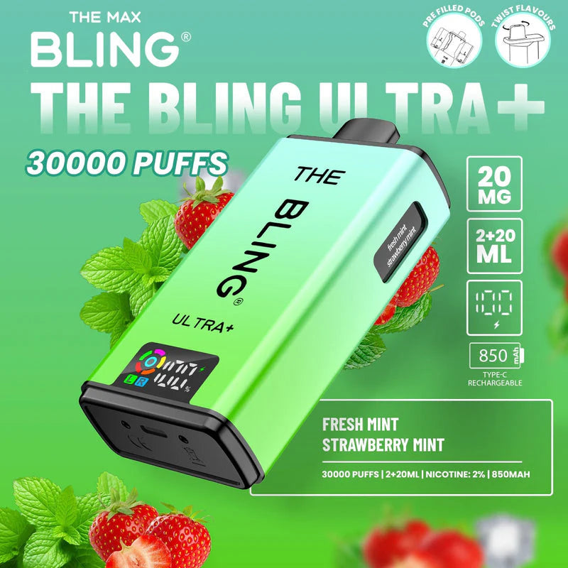 Crystal Bling Ultra Plus 30k Prefilled Kit Fresh Mint / Strawberry Mint Flavours