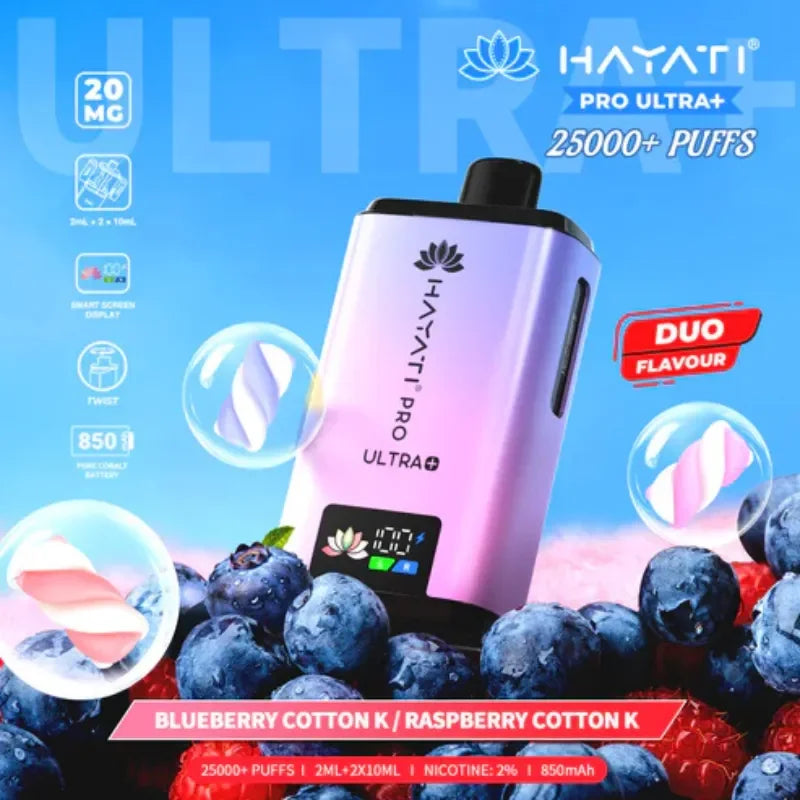 Hayati Pro Ultra Plus 25K Vape Kit Blueberry Cotton K / Raspberry Cotton K Flavour