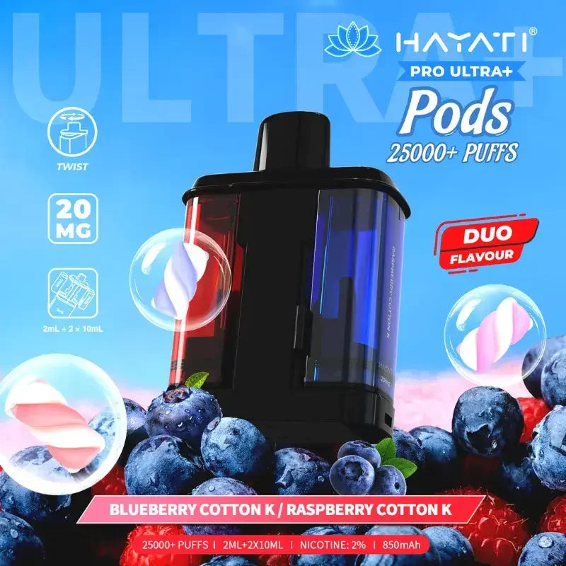 Hayati Pro Ultra Plus 25K Prefilled Pods Blueberry Cotton K And Raspberry Cotton K Flavour