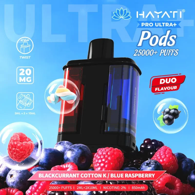 Hayati Pro Ultra Plus 25K Prefilled Pods Blackcurrent Cotton K And Blue Raspberry Flavour
