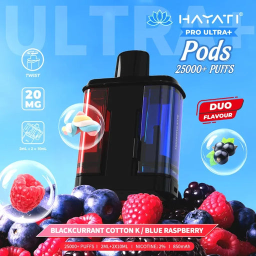 Hayati Pro Ultra Plus 25K Prefilled Pods Blackcurrent Cotton K And Blue Raspberry Flavour