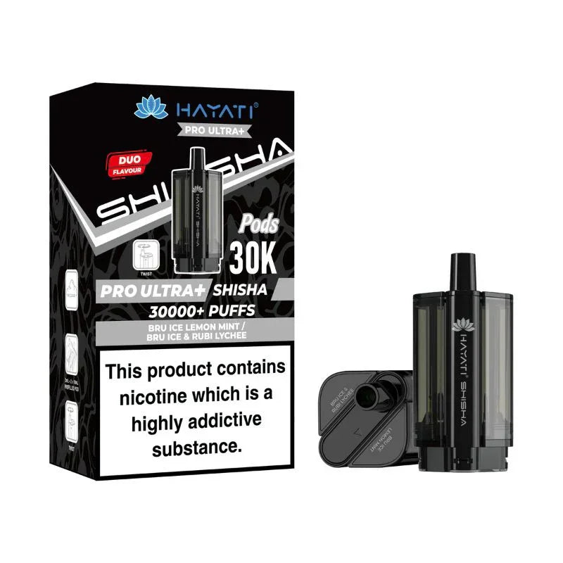 Hayati Pro Ultra Plus Shisha 30000 Refill Pods Bru Ice Lemon Mint Bru Ice Rubi Lychee Flavour
