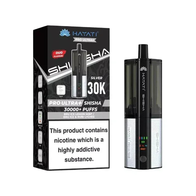Hayati Pro Ultra Plus Shisha 30K Pod Kit Bru Ice Lemon Mint Bru Ice Rubi Lychee Flavour  