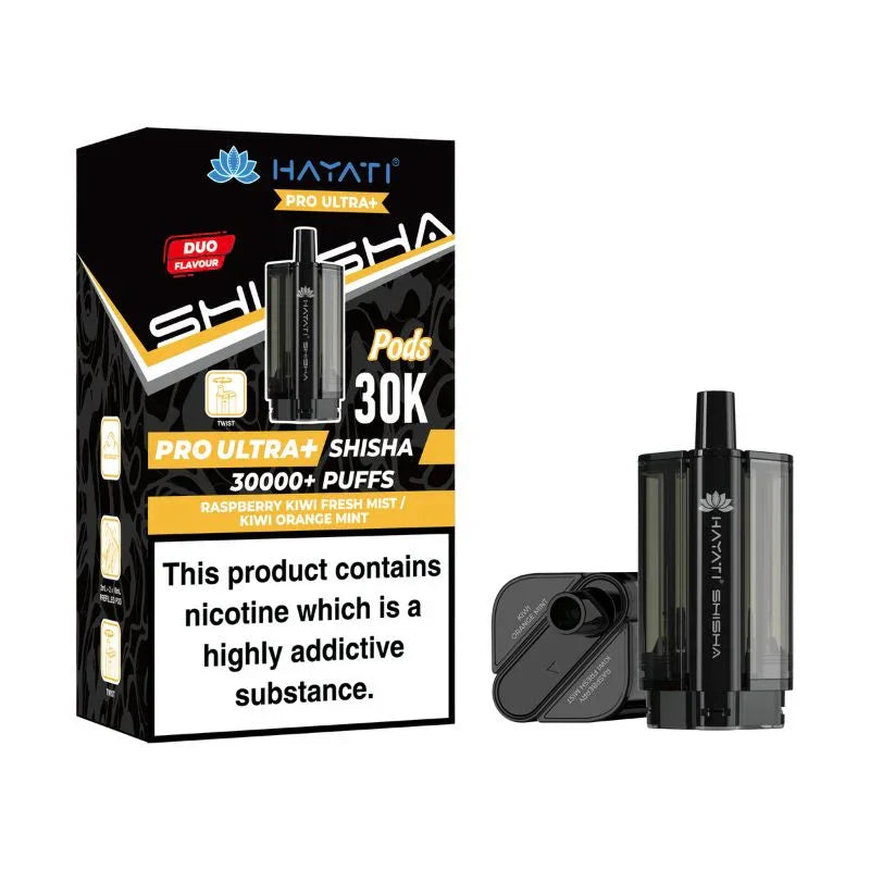 Hayati Pro Ultra Plus Shisha 30000 Refill Pods Raspberry Kiwi Fresh Mint Orange Flavour