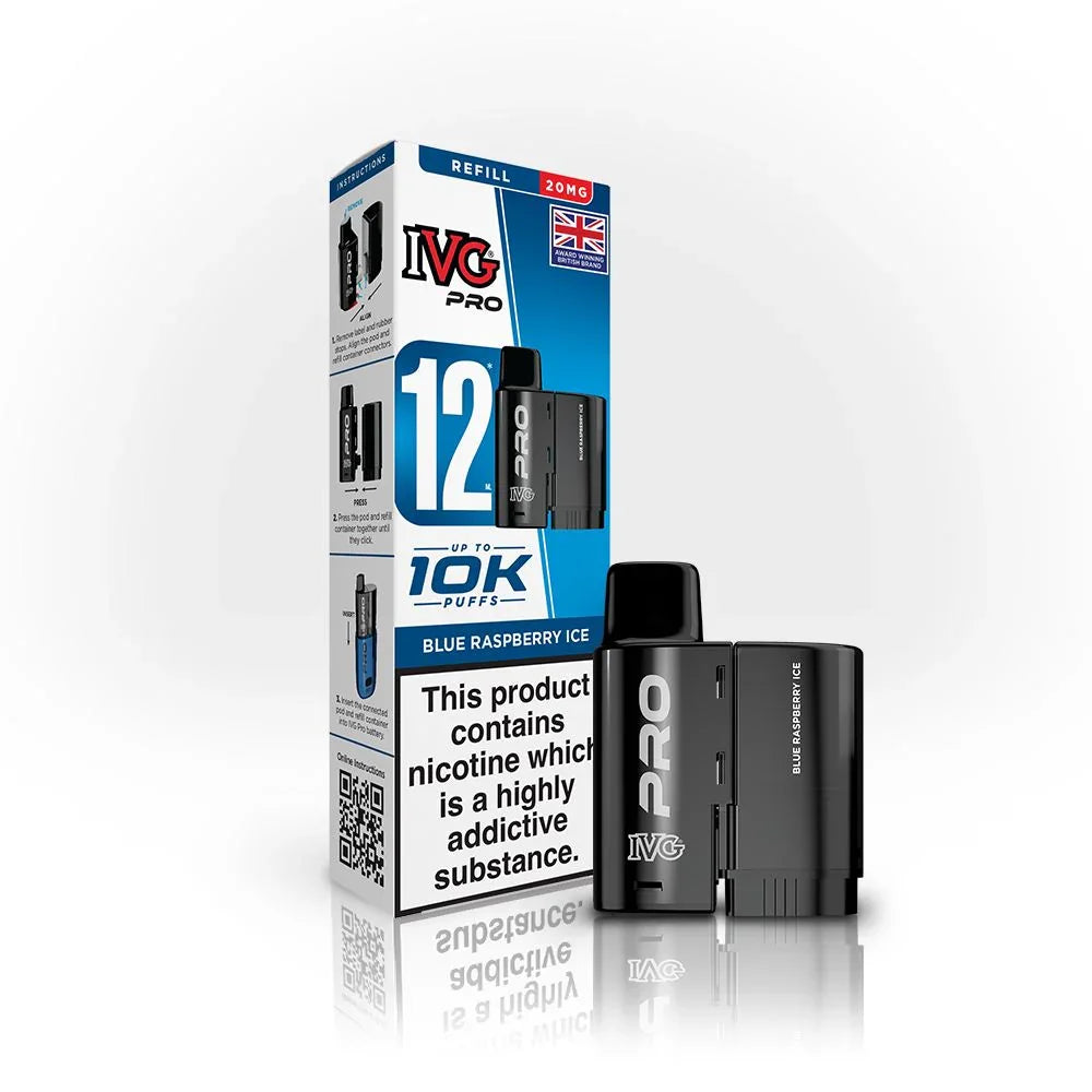 IVG Pro 12 Blue Raspberry Ice vape pod and box, 20mg nicotine, up to 10,000 puffs.