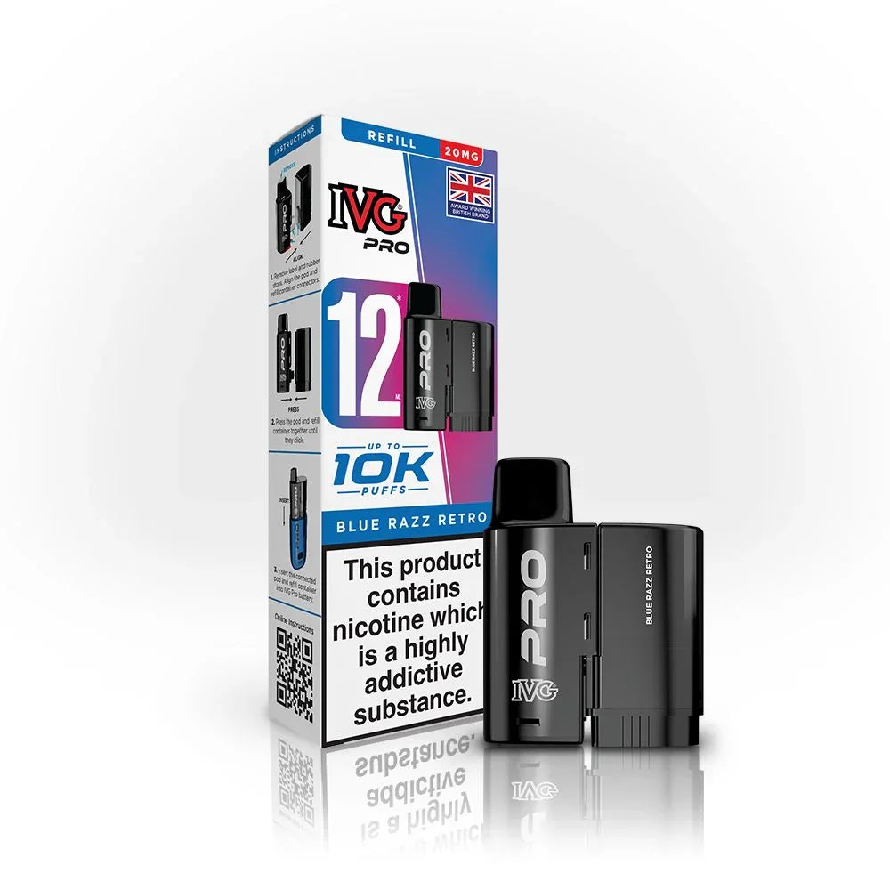 IVG Pro 12 Blue Razz Retro vape pod refill with packaging, 20mg nicotine, up to 10K puffs.