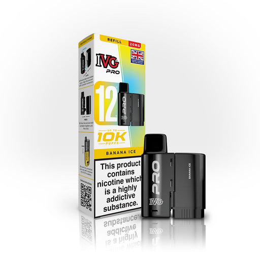 IVG Pro 12 Banana Ice vape pods with packaging, 20mg, up to 10000 puffs, black color.