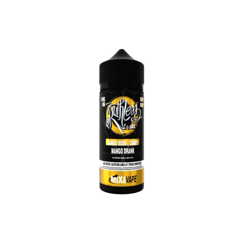 100ml bottle of Mango Drank e-liquid, mango soda candy flavour, black label, shortfill vape juice
