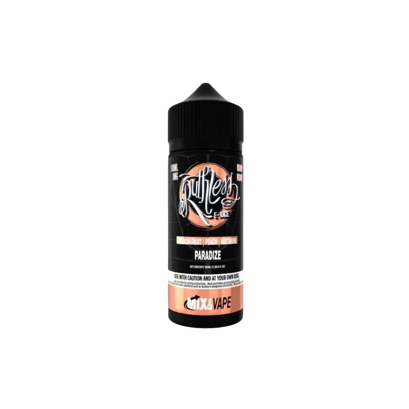100ml bottle of Ruthless Paradize e-liquid with passion fruit, peach, and nectarine flavors