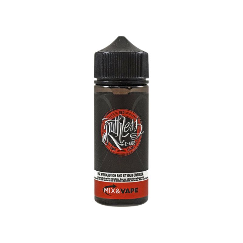 Ruthless Red 100ml shortfill e-liquid bottle with black cap and red label for vaping