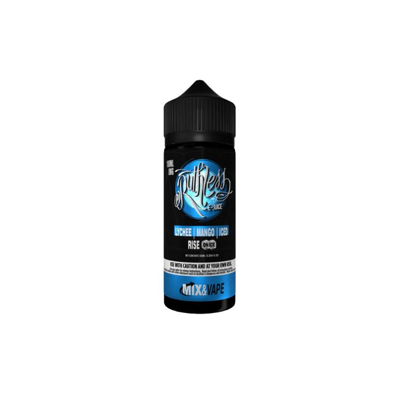 100ml bottle of lychee mango iced e-liquid shortfill with black cap and blue label