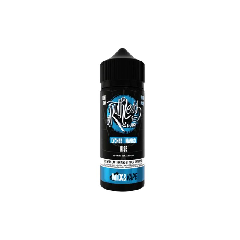 Ruthless E-Juice 100ml shortfill bottle, lychee mango flavor, black label, vape liquid