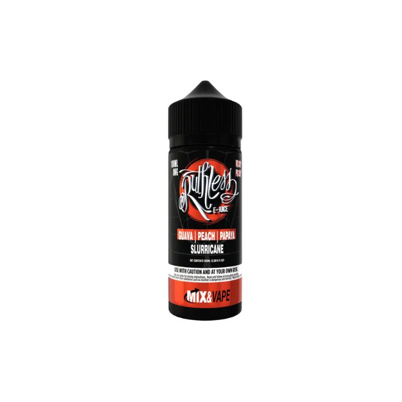 Ruthless Slurricane 100ml e-liquid bottle, guava peach papaya vape juice, black and red label