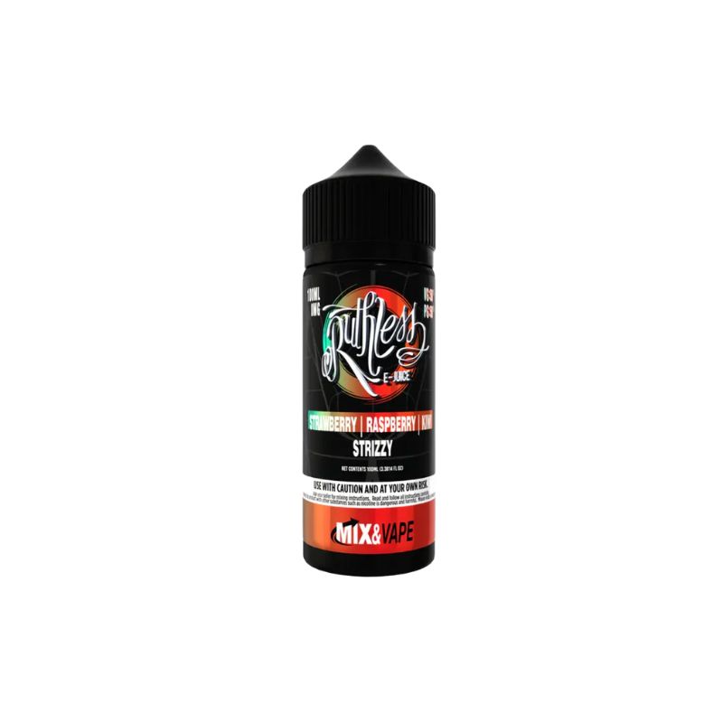 Ruthless Strizzy 100ml e-liquid shortfill bottle with strawberry, raspberry, kiwi flavor