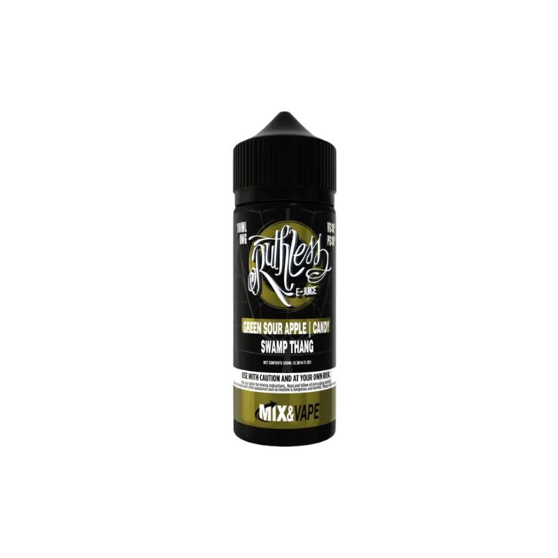 100ml vape e-liquid bottle labeled Ruthless E-Juice Swamp Thang green sour apple candy